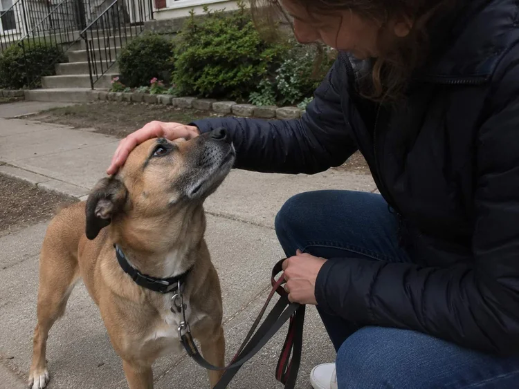 Dog leaning into praise and petting from its owner