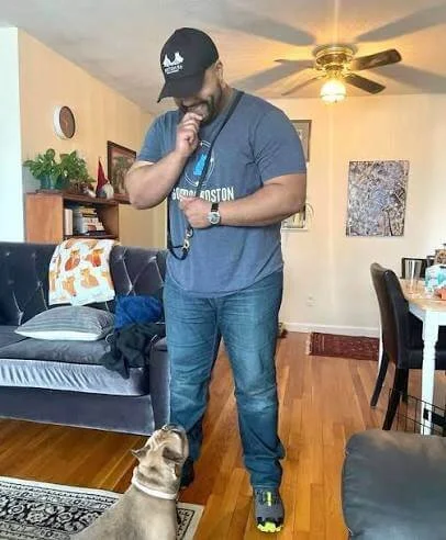 Jeff, Good Dog Boston&rsquo;s Training Director, working with a client&rsquo;s dog during an in-home session