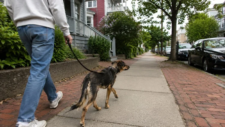 Dog holding a loose-leash heel walking beside its owner on a Boston sidewalk