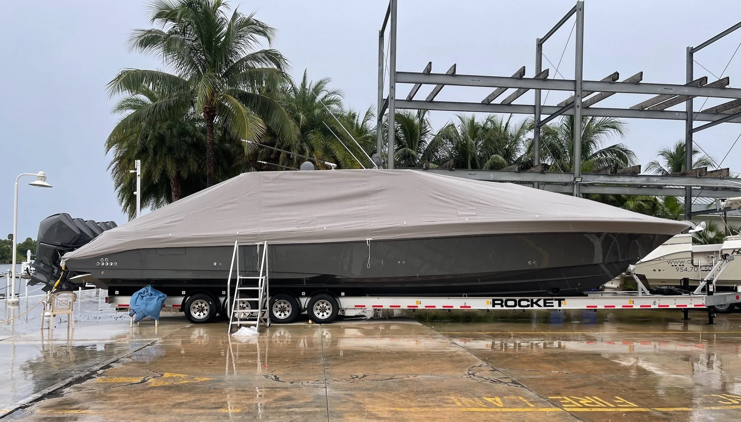 custom precision vessel cover on motor yacht docked in South Florida marina