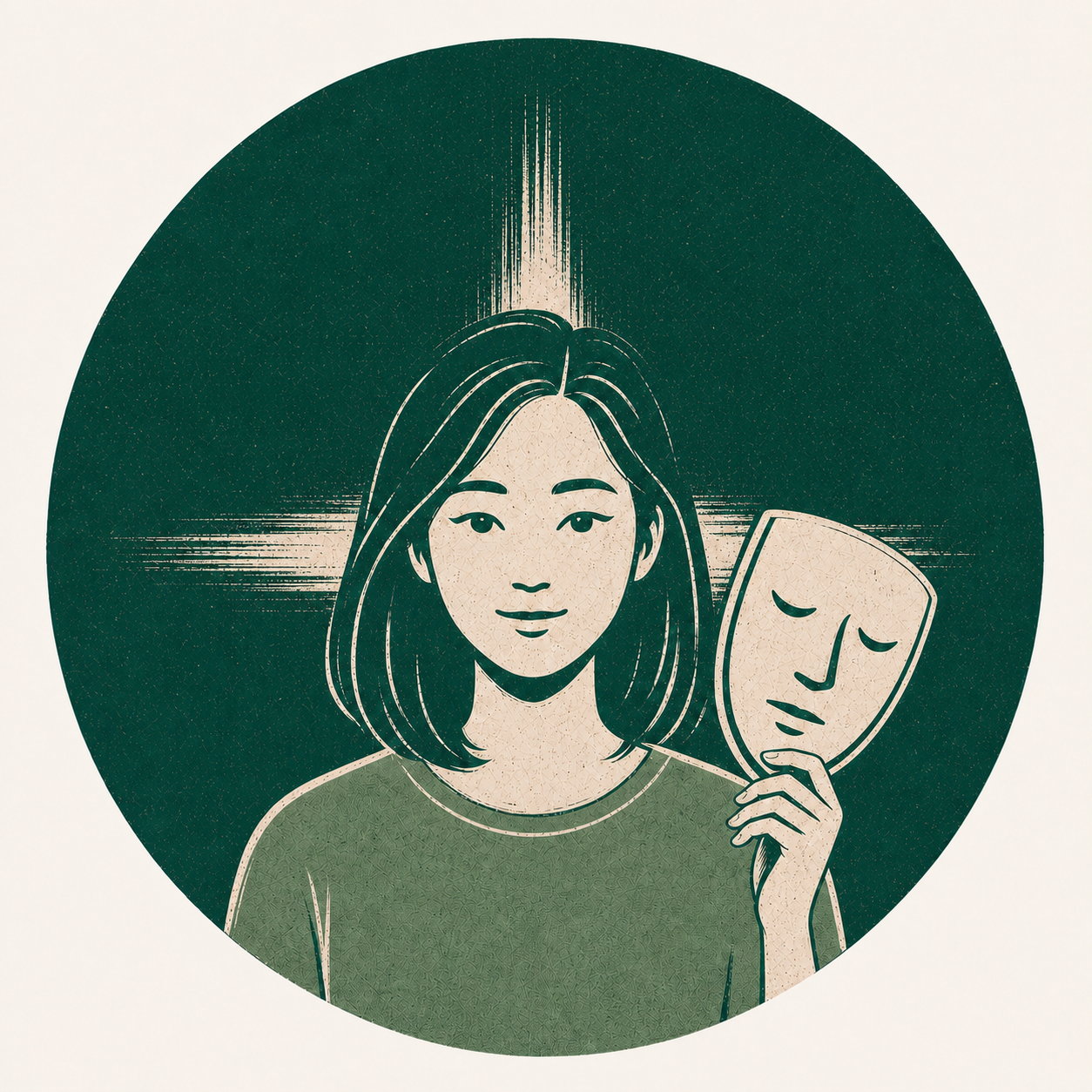 A person holding a mask aside
