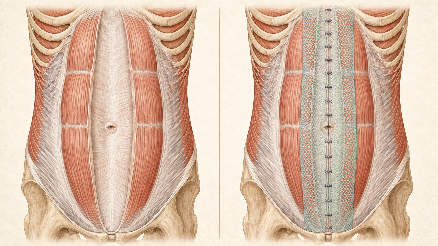 Anatomical illustration of rectus divarication and surgical repair with midline plication and onlay mesh reinforcement