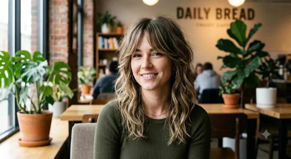Smiling woman with a modern shag haircut at a Las Vegas cafe