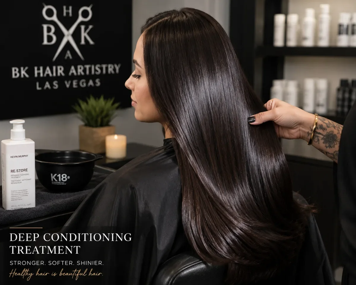 Healthy, shiny hair after a professional deep conditioning treatment by a Las Vegas hair stylist