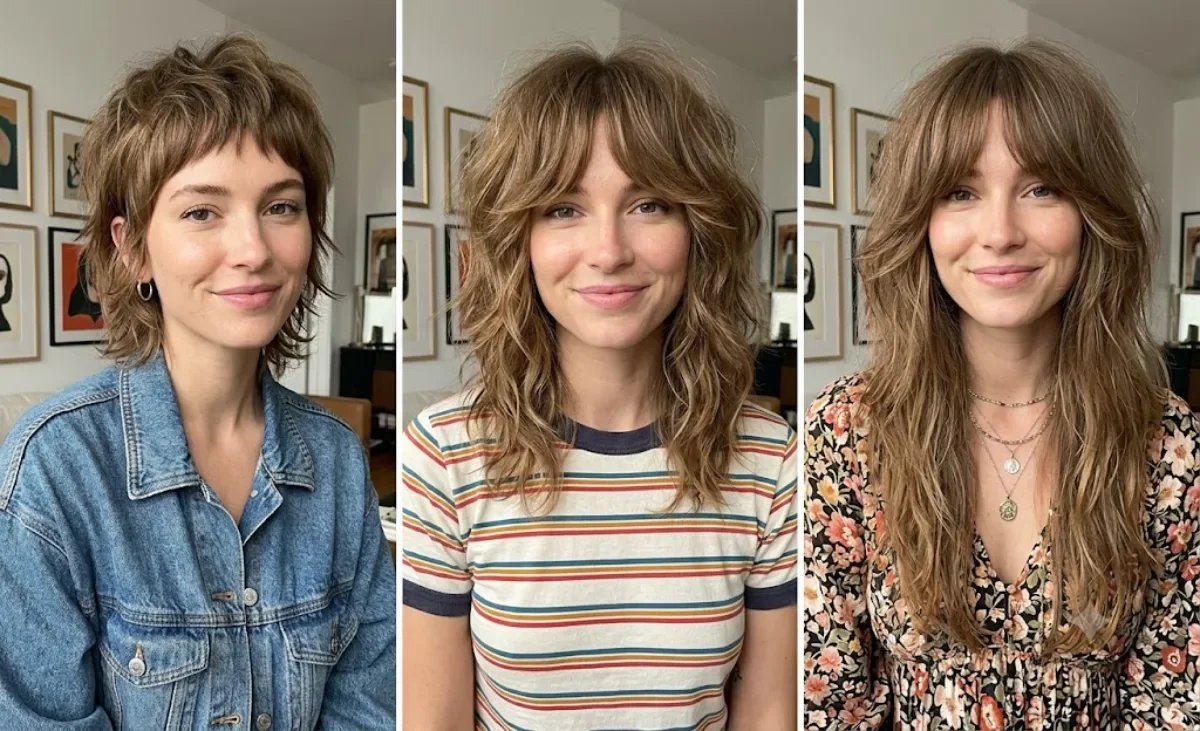 Shag haircut transformation showing short, medium, and long variations