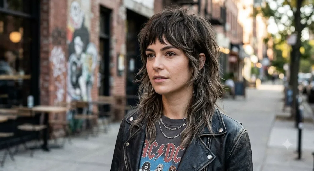 Stylish woman with a modern mullet haircut on an urban street in Las Vegas