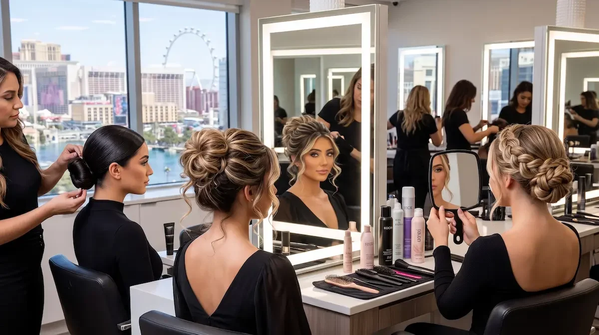 Formal updo styles including a sleek low bun, romantic bun, and braided crown in a Las Vegas studio