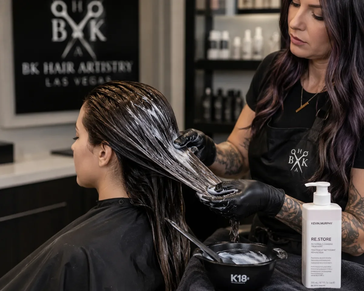 Hair stylist applying a professional deep conditioning treatment with Kevin Murphy and K18 products in a Las Vegas salon