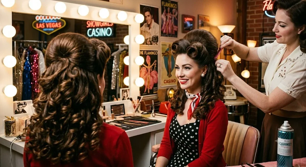 Vintage pin-up hair styling session in a Las Vegas studio