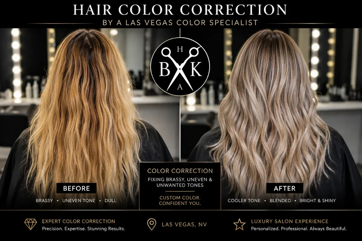 Before and after hair color correction fixing brassy tones in a Las Vegas studio