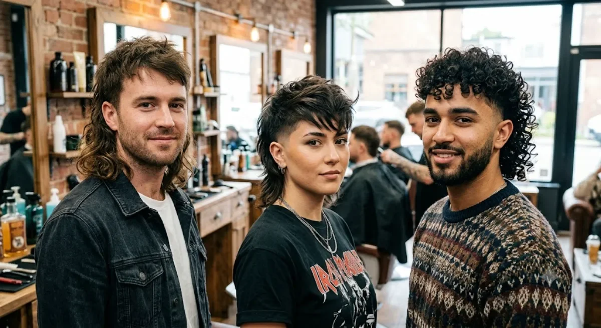 Three people with modern mullet hairstyles in a barbershop