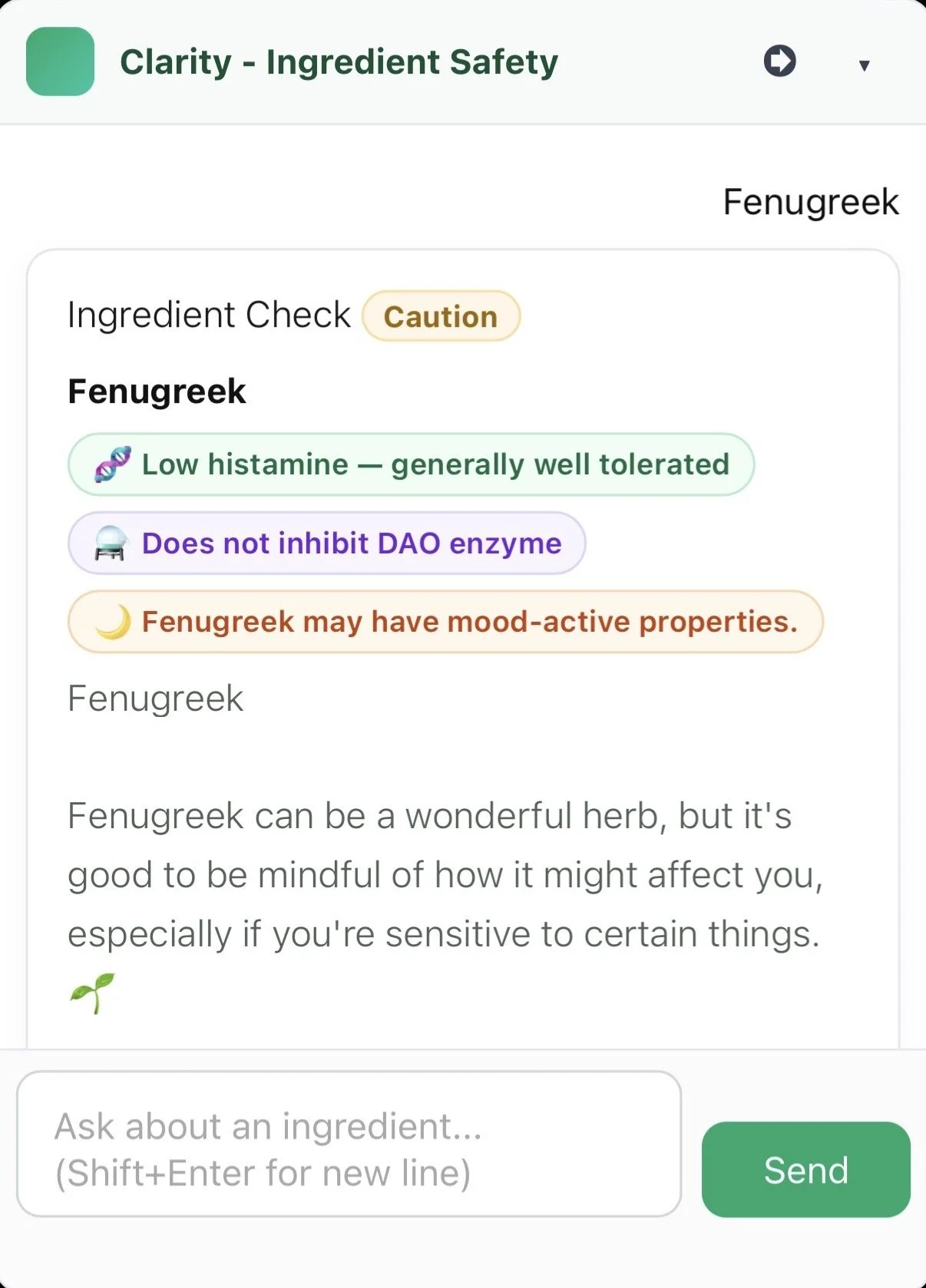 Clarity validated result showing Caution verdict with histamine, DAO enzyme, and cycle-phase evidence pills – database-first architecture, Health AI