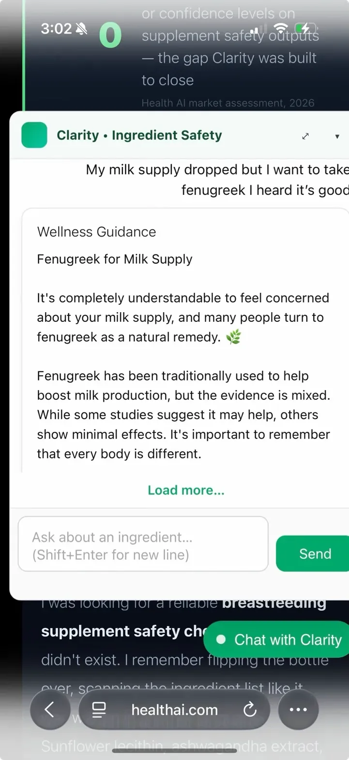 Clarity widget returning incorrect Safe verdict for fenugreek – GPT-only mode before database-first architecture