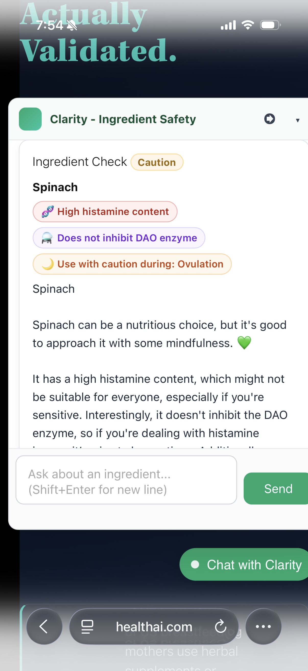 Clarity validated result for fenugreek: Caution verdict with three evidence pills showing Low histamine, Does not inhibit DAO, and mood-active cycle phase flag – database-first architecture