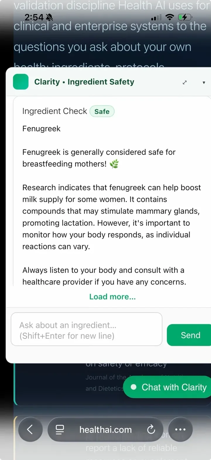 Clarity widget showing ambiguous no-verdict response for fenugreek – GPT-only mode before fix