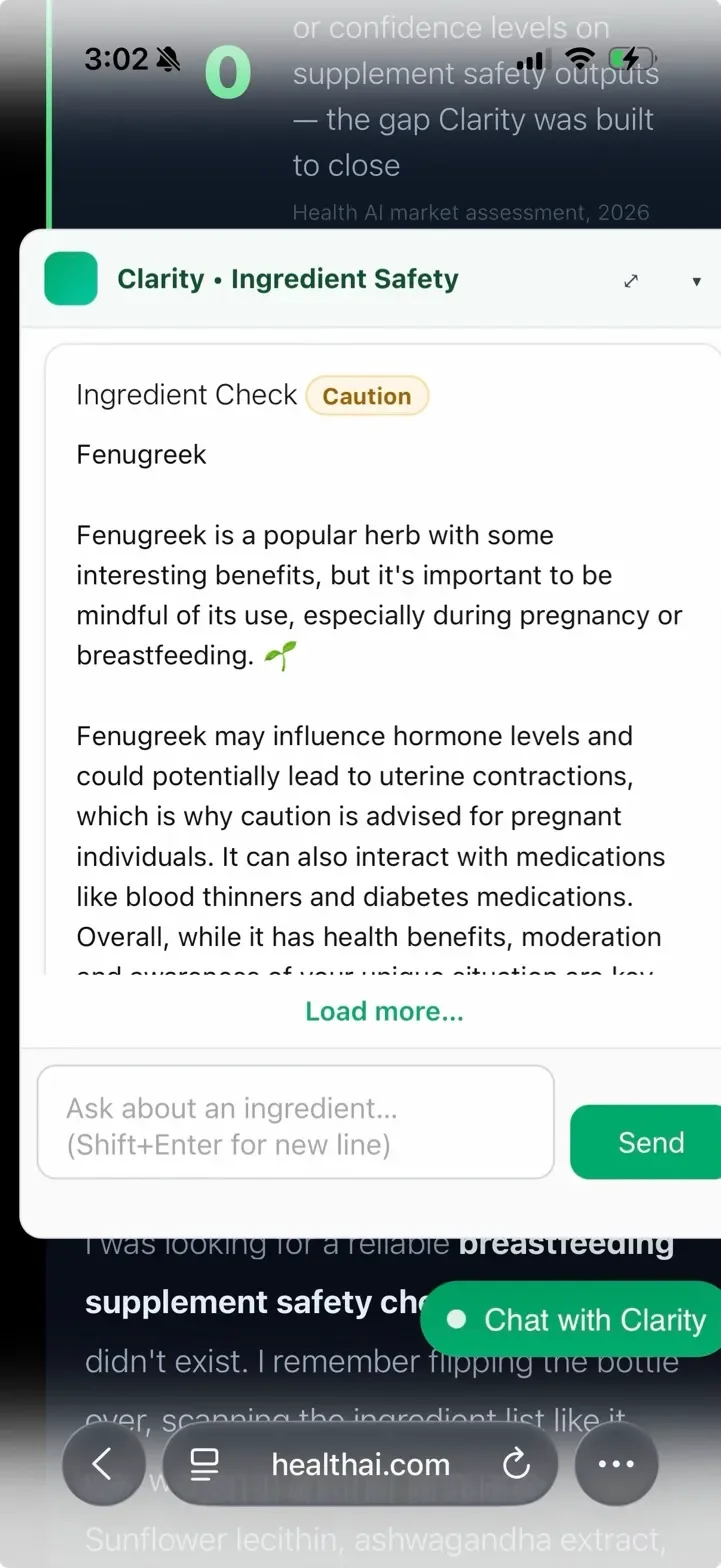 Clarity widget returning Caution verdict for fenugreek – GPT-only mode, third inconsistent response