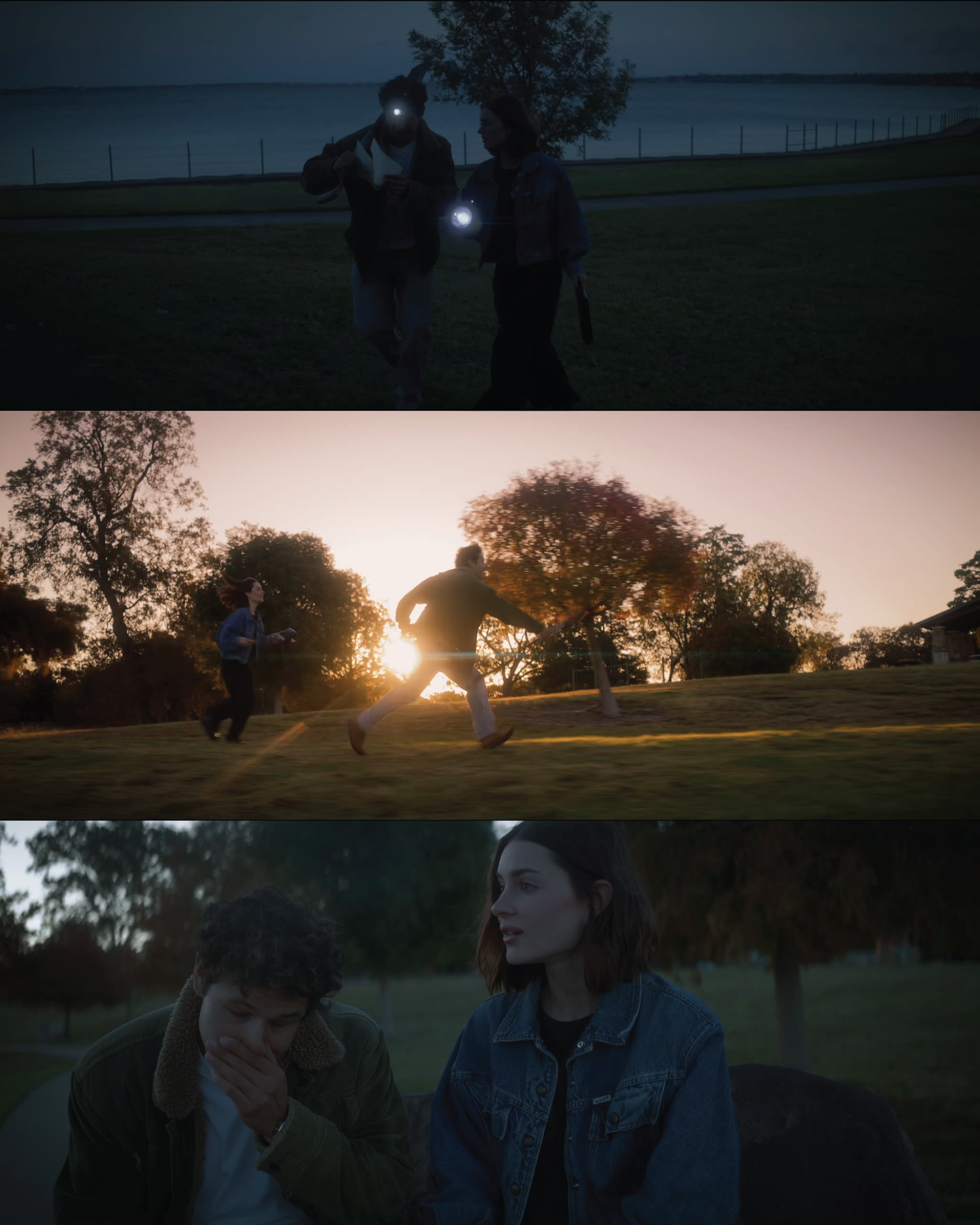 Bella and Ethan running across a park at golden hour