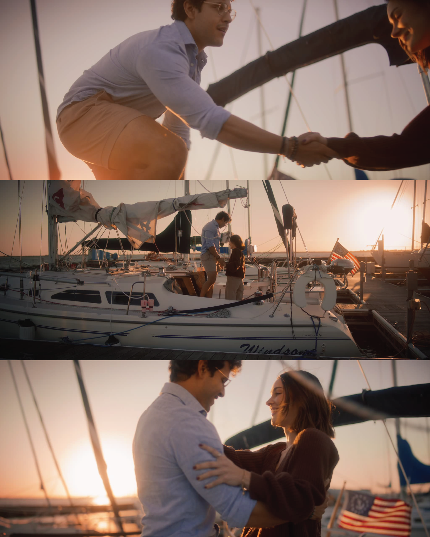 Ethan helping Bella onto a sailboat