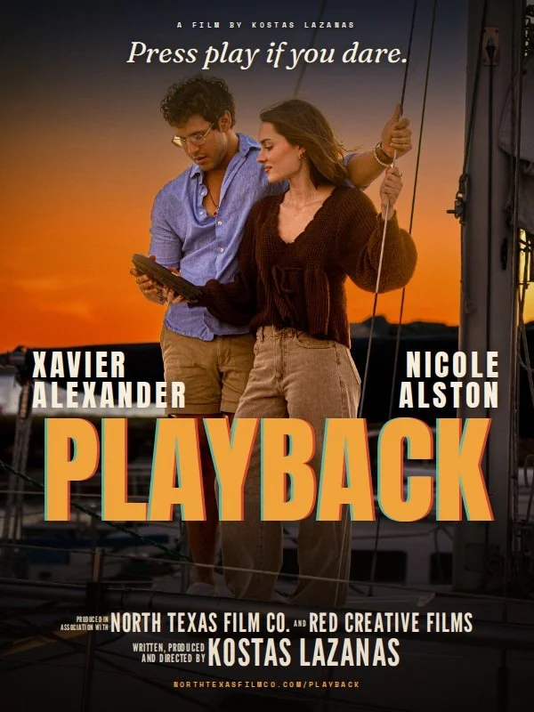 Playback official poster: Xavier Alexander and Nicole Alston on a sailboat at sunset holding a tape recorder
