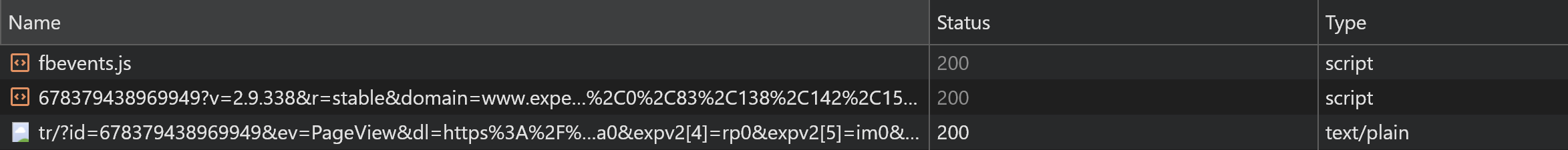 Network Calls showing Pixel Payload and Event Parameters