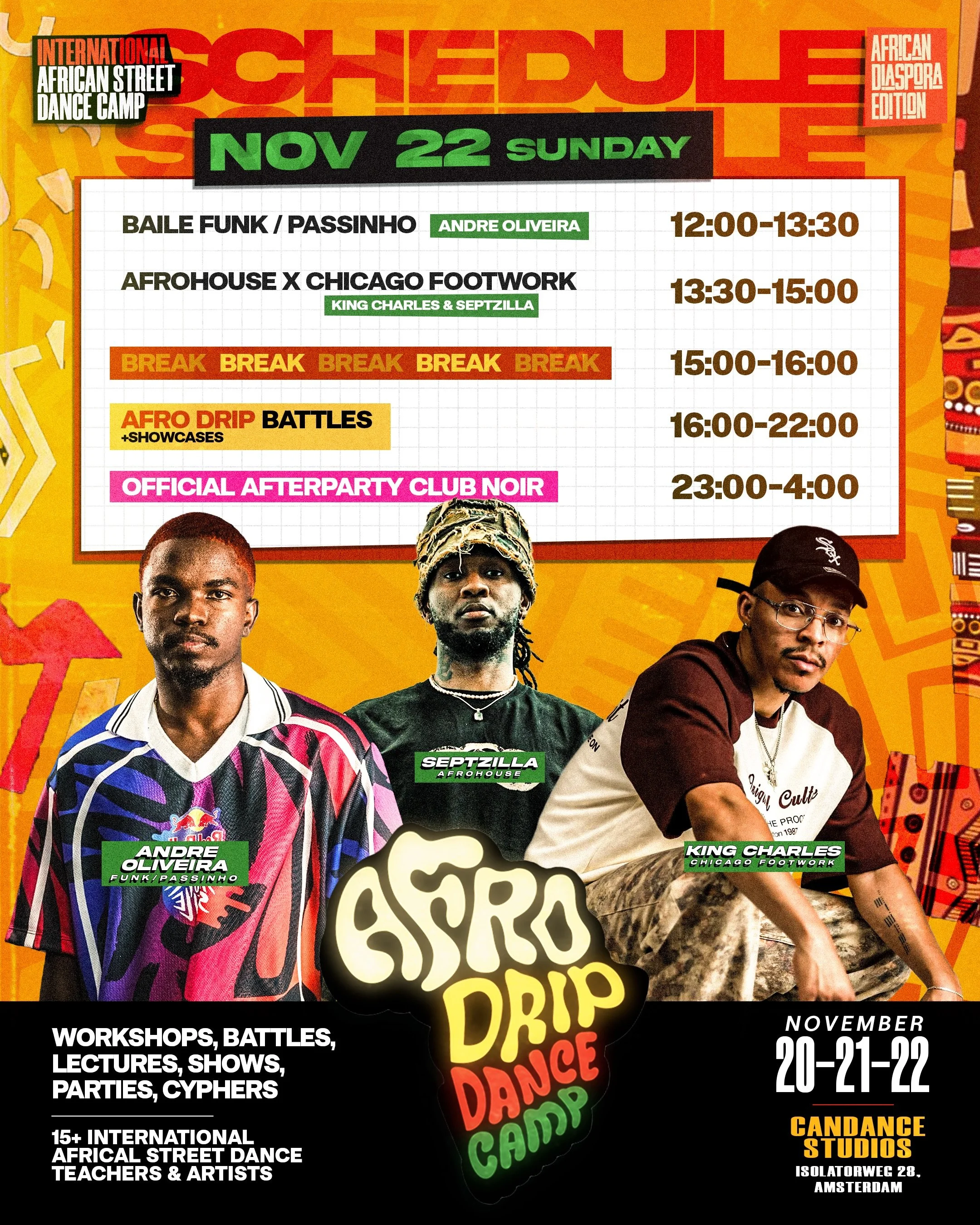 AfroDrip Dance Camp Sunday 22 November 2026 full daily schedule
