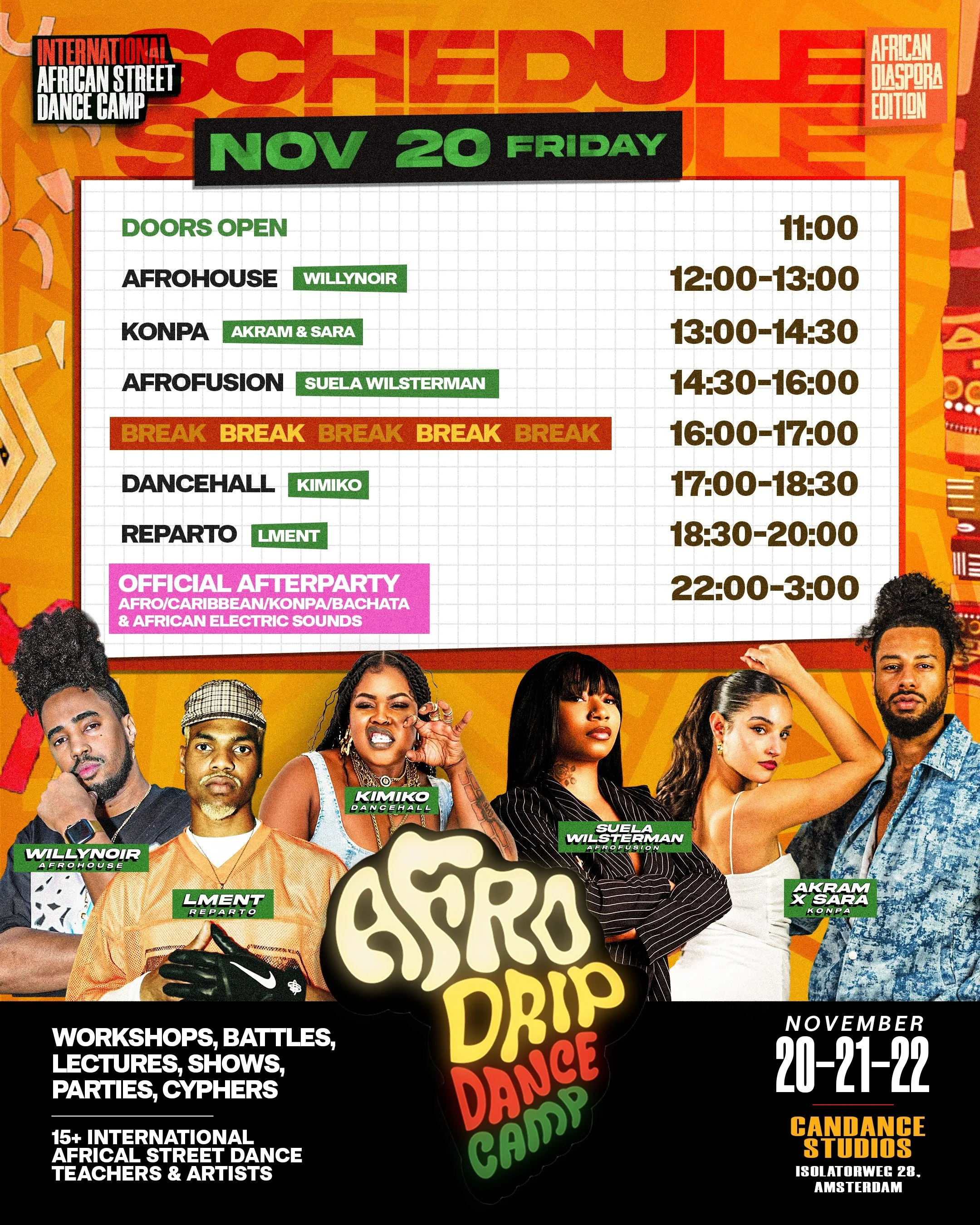 AfroDrip Dance Camp Friday 20 November 2026 full daily schedule