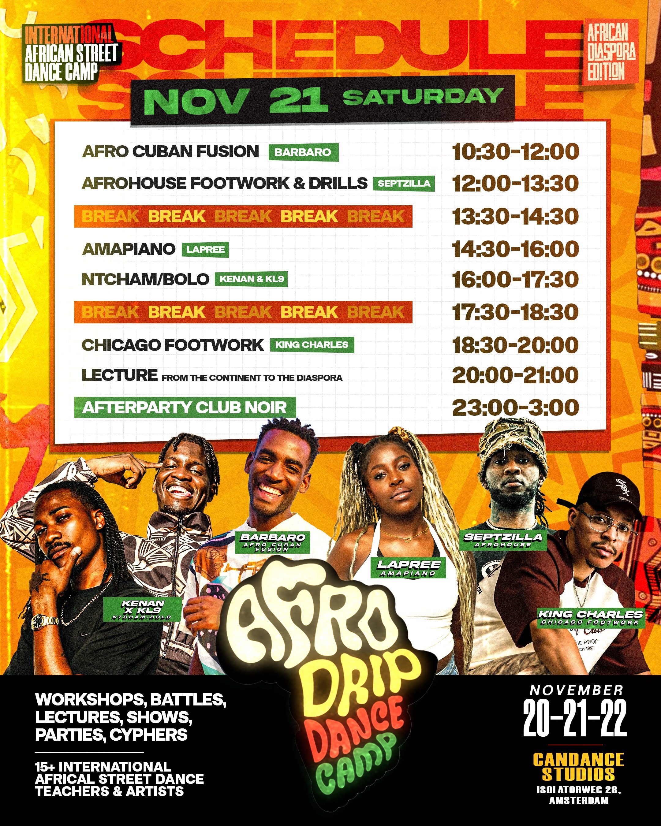 AfroDrip Dance Camp Saturday 21 November 2026 full daily schedule