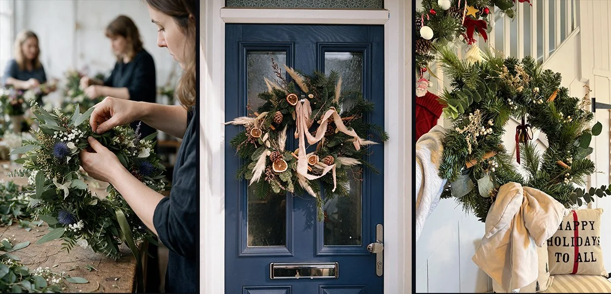 Little Bloom Room wreath workshop, a handmade wreath on a navy door and The Coast interior
