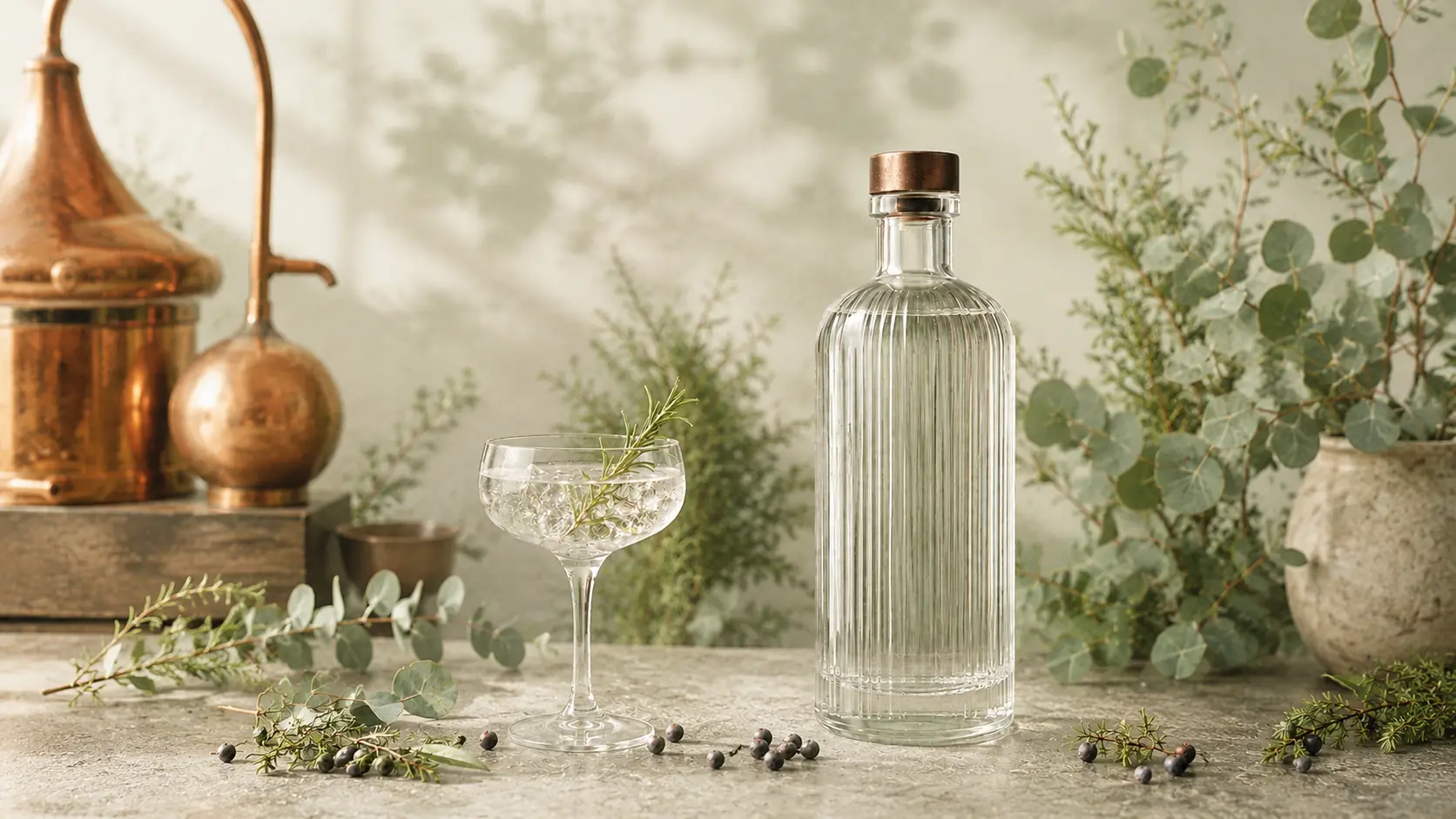 Gin bottle and botanical gin glass in a traditional copper distillery