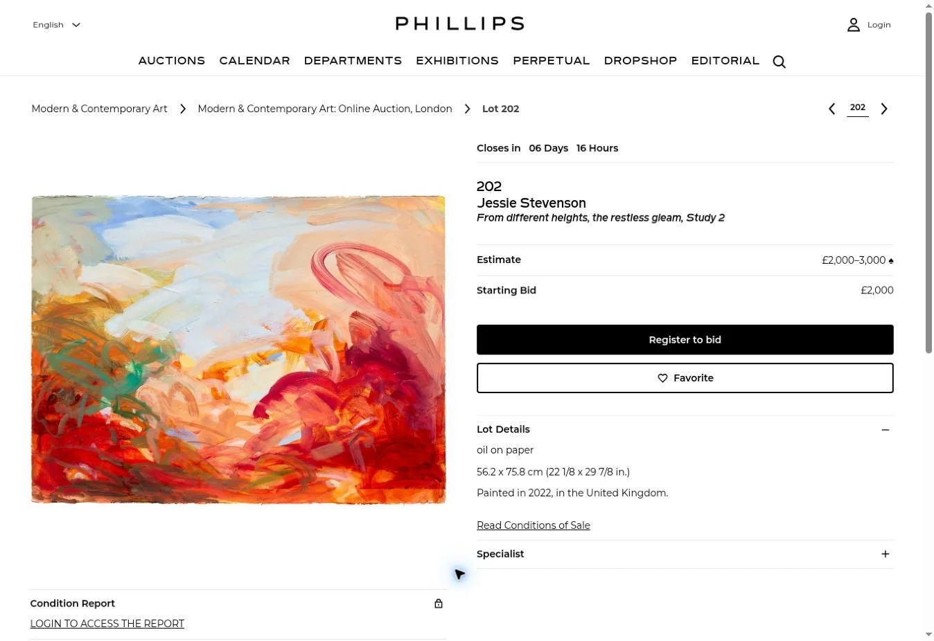 Phillips online auction screen showing a contemporary painting by Jessie Stevenson and the starting bid