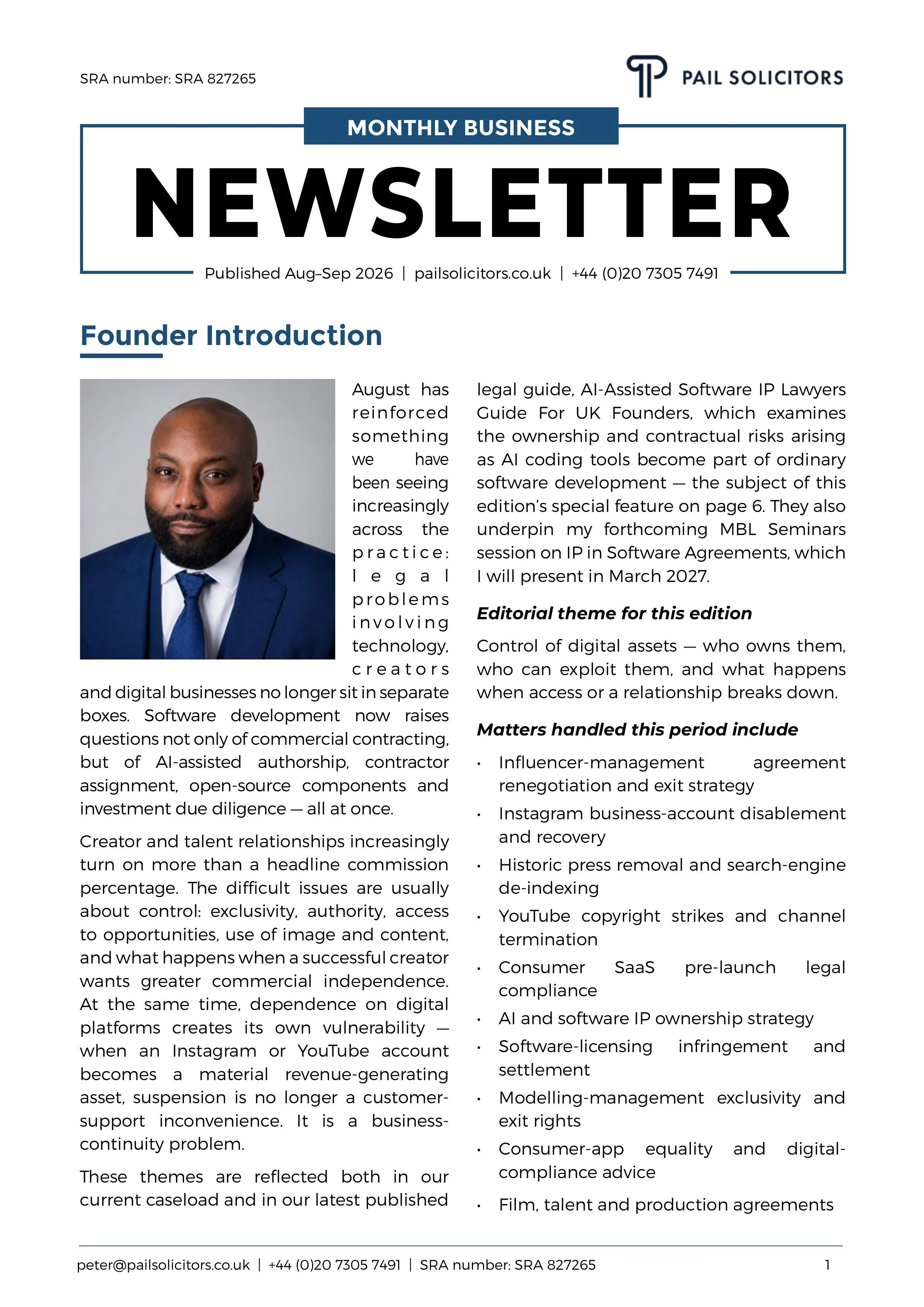 PAIL Solicitors August September 2026 Newsletter — IP, Technology, Creators and Digital Platforms