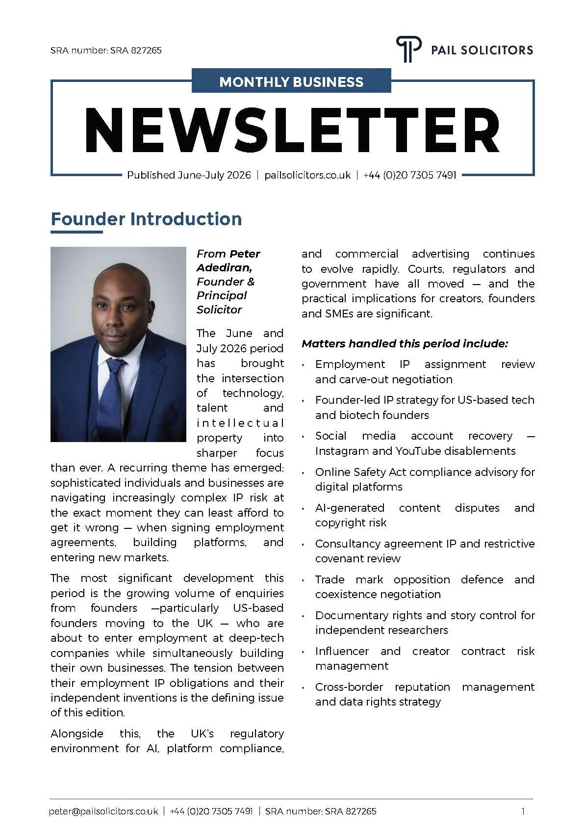 PAIL Solicitors June July 2026 Newsletter — Founder IP, Employment Risk and Platform Enforcement