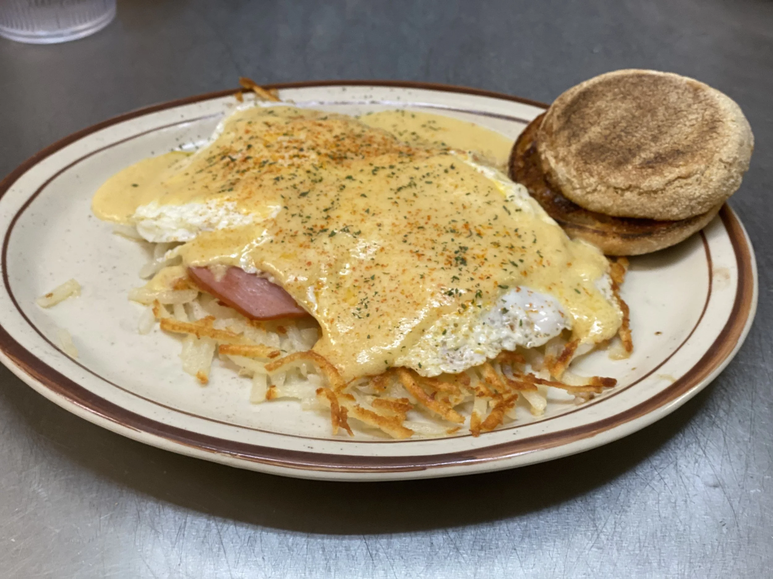 Eggs Benedict and hash browns at Westwood Cafe