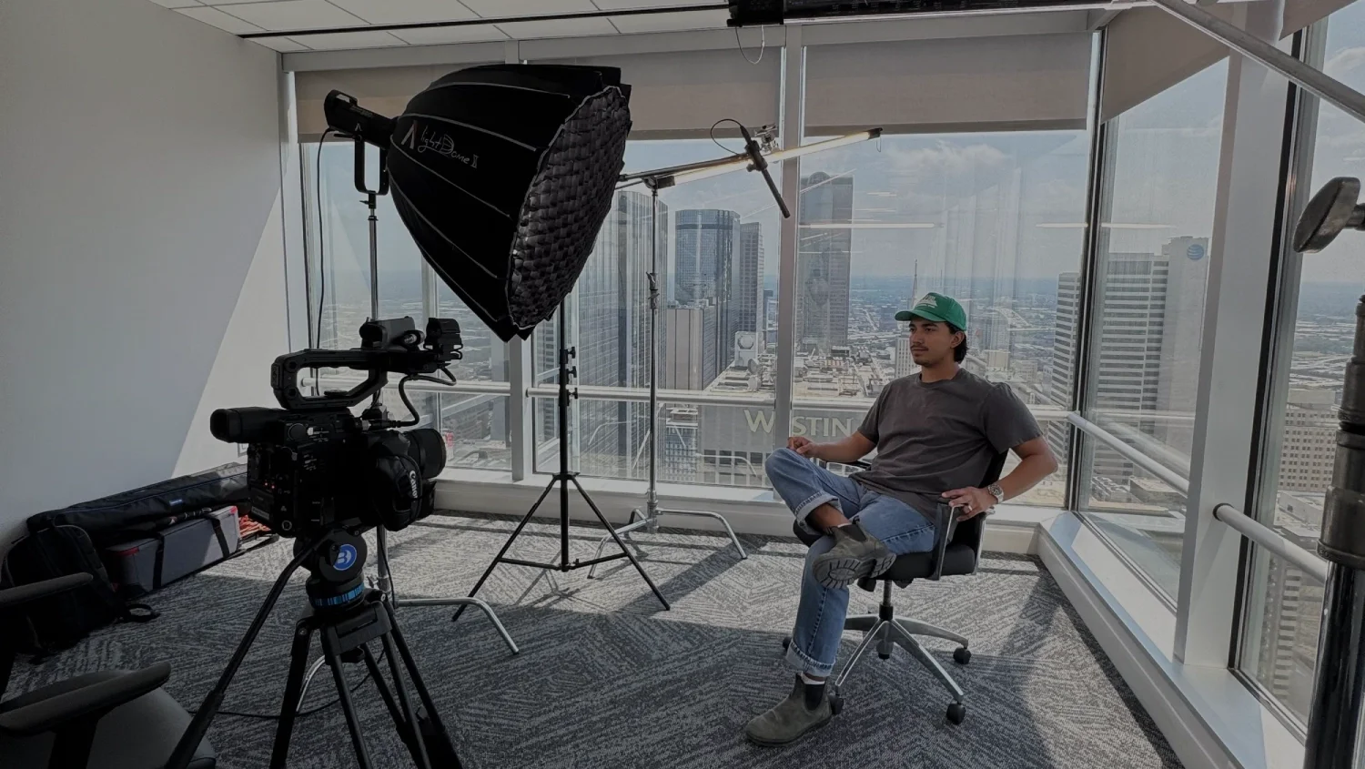 Story Media Co. interview production setup overlooking downtown Austin