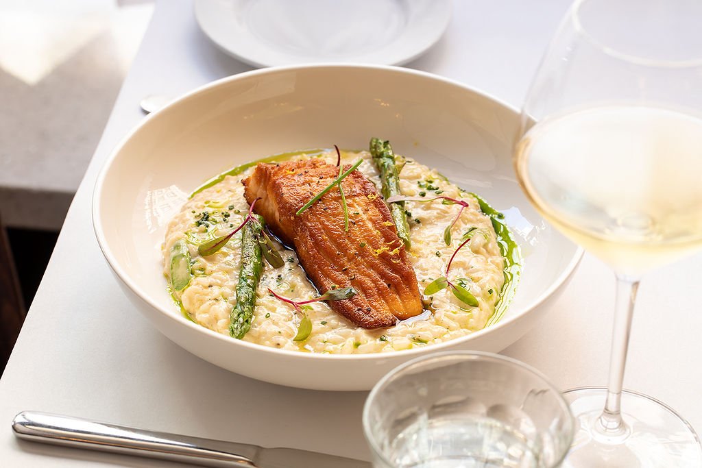 Pan-roasted Kvarøy Arctic salmon with asparagus risotto at Le Central