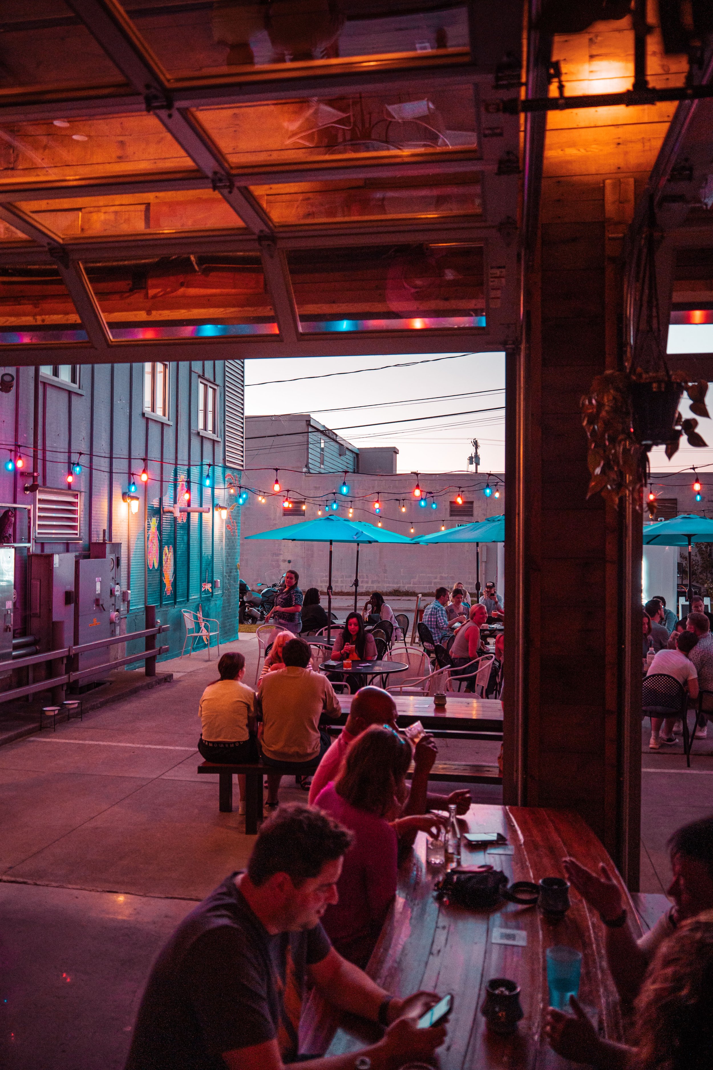 An evening gathering on the back patio beneath string lights