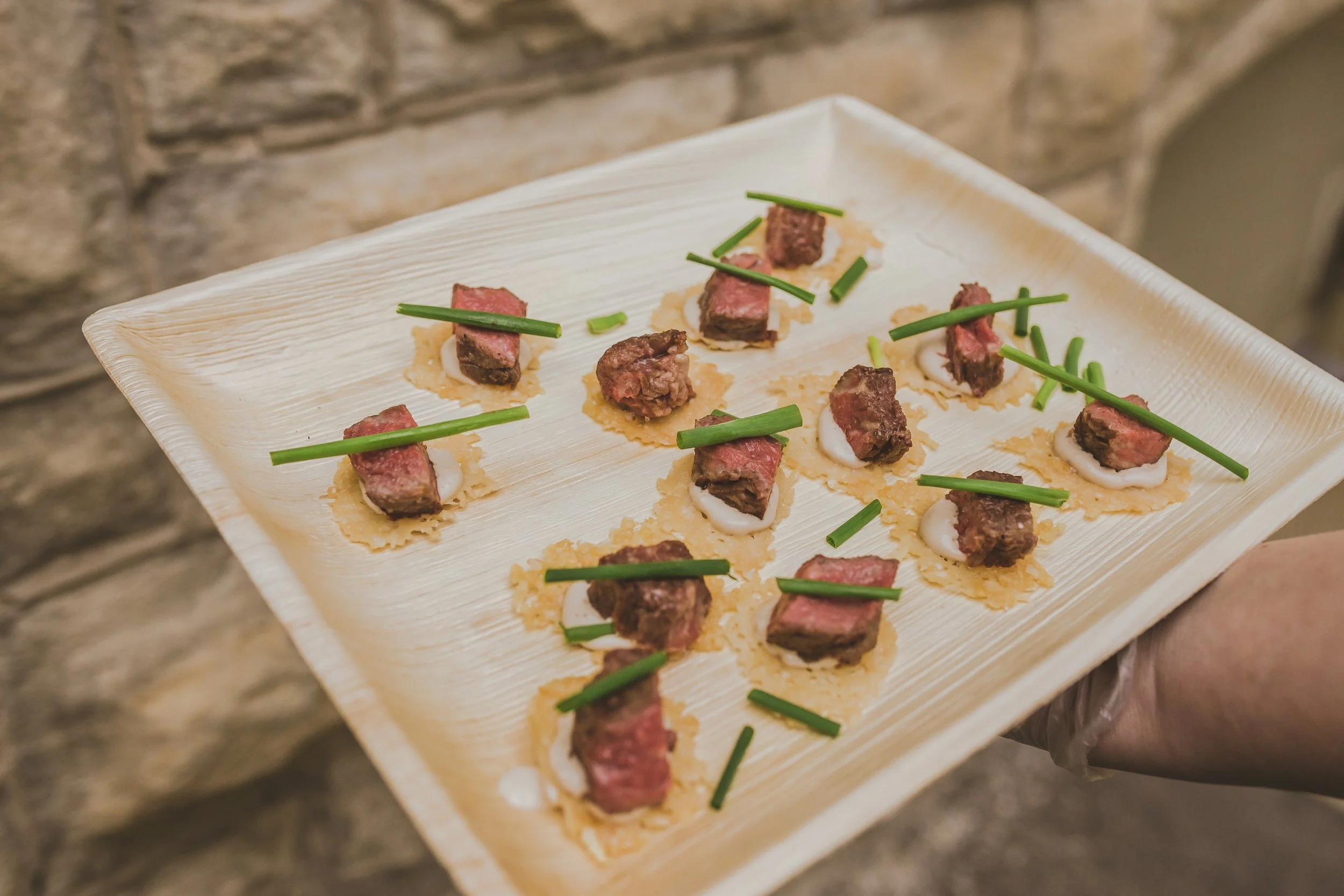 Twisted Radish steak canapés finished by hand