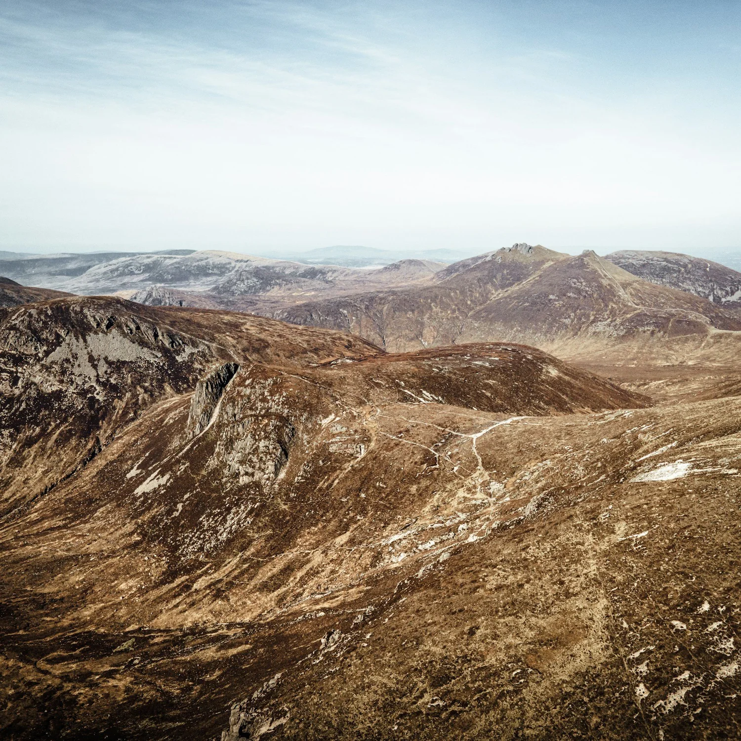 Rocky ridges and winding paths across the Mourne Mountains