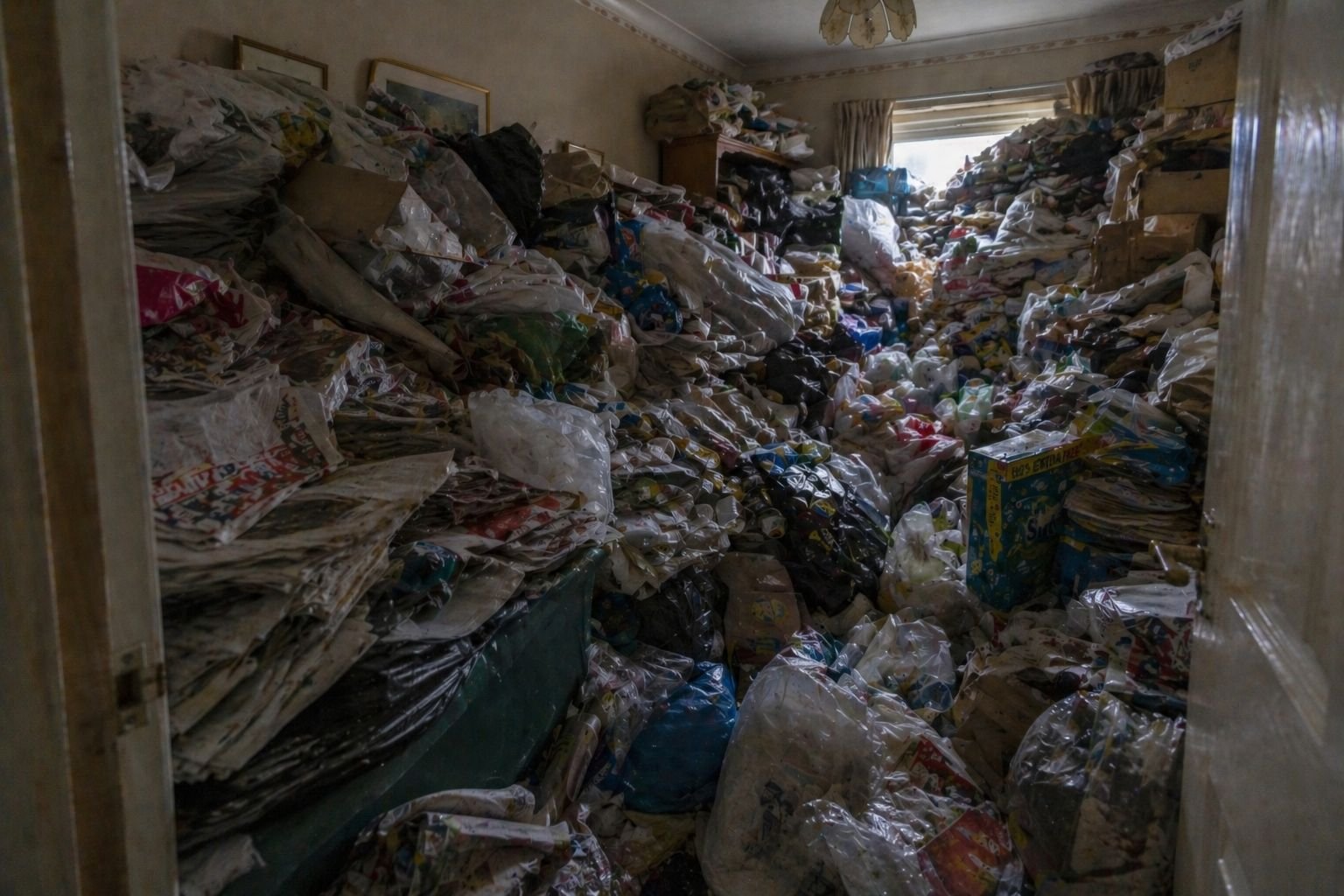 Extreme hoarding — CIR 9, room completely filled floor to ceiling with waste bags and debris, no walkable space