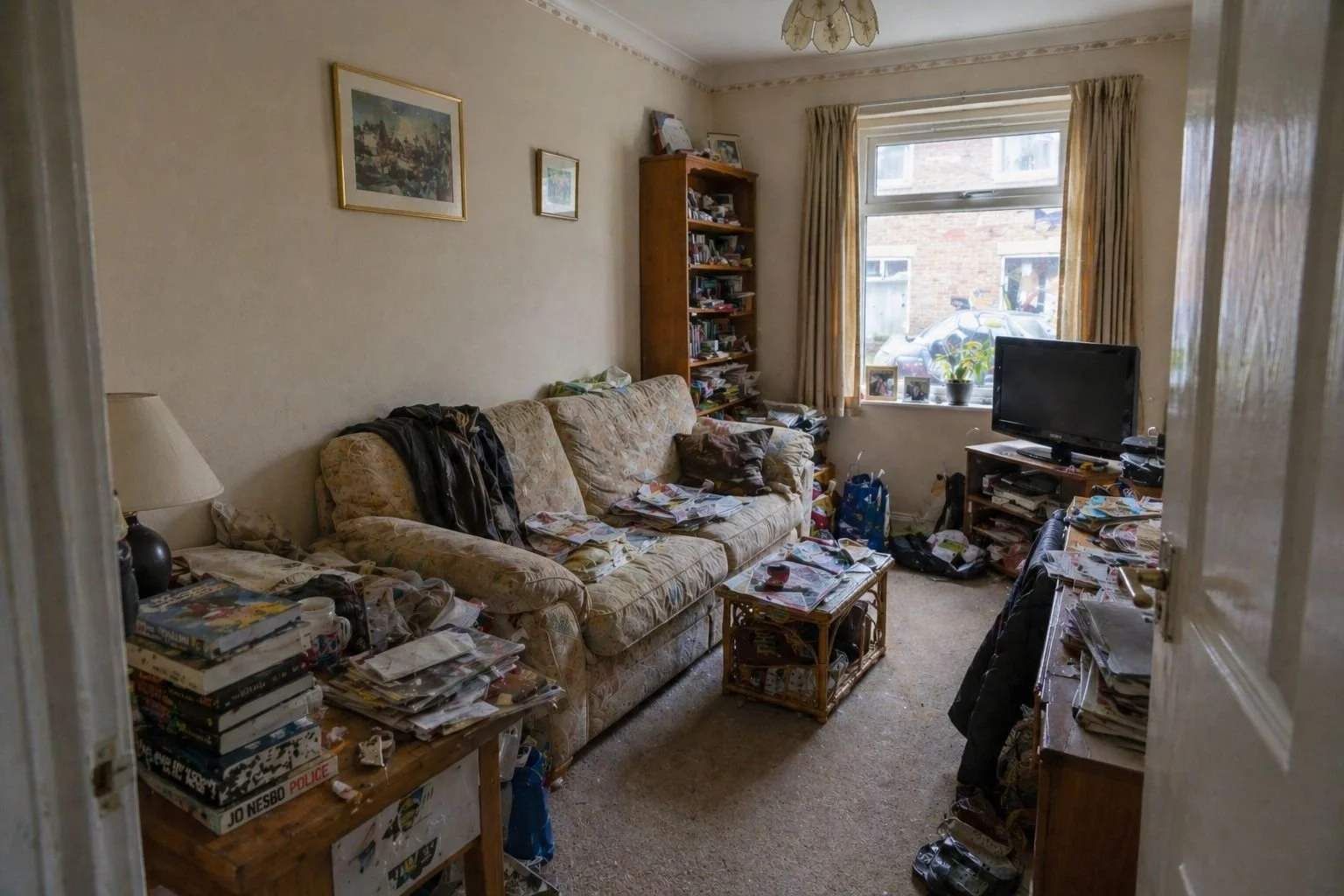 Light hoarding in a British living room — CIR 2 to 3, surfaces cluttered but floor walkable