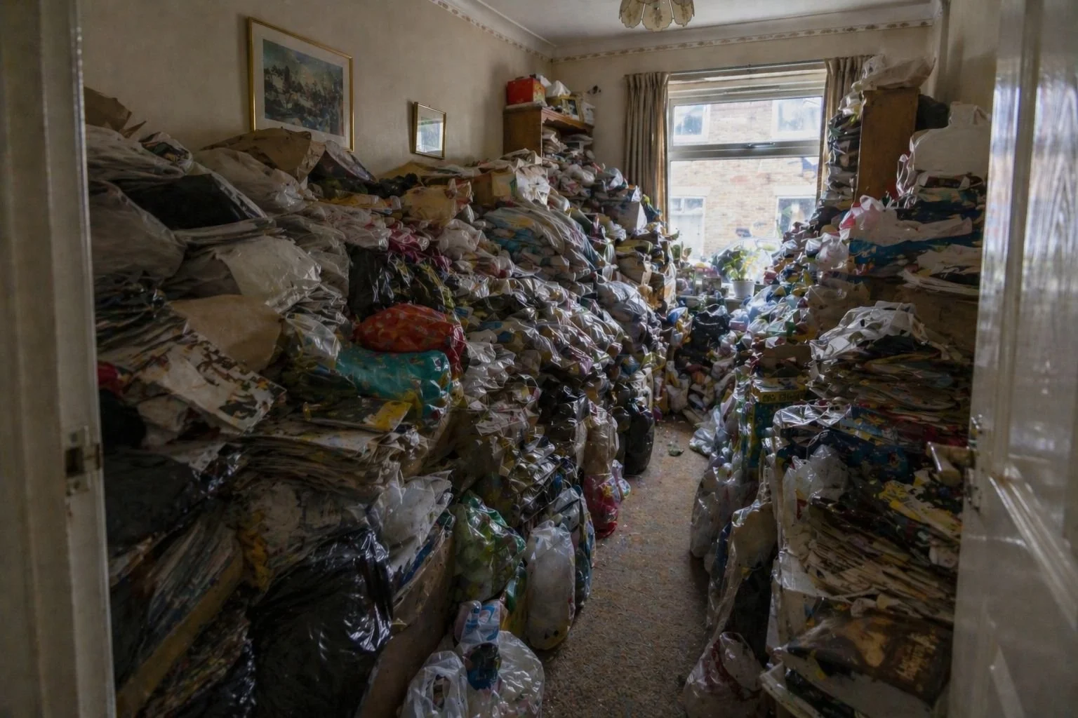 Severe hoarding in a British living room — CIR 6 to 7, waste bags piled chest-high throughout, no walkable floor space