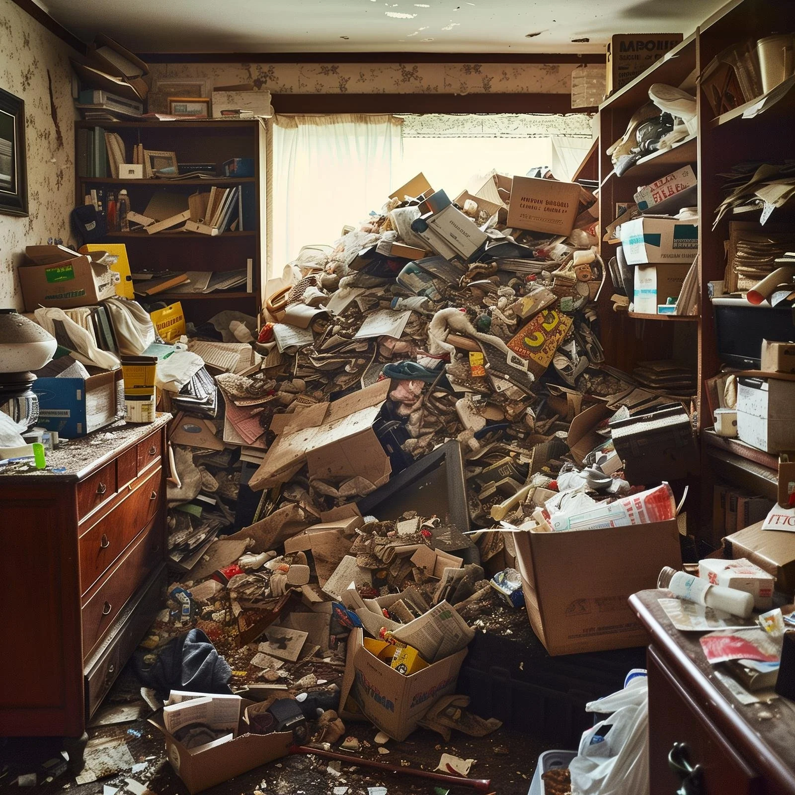 Severely hoarded British bedroom with waste piled high — unhygienic conditions requiring specialist biohazard clearance