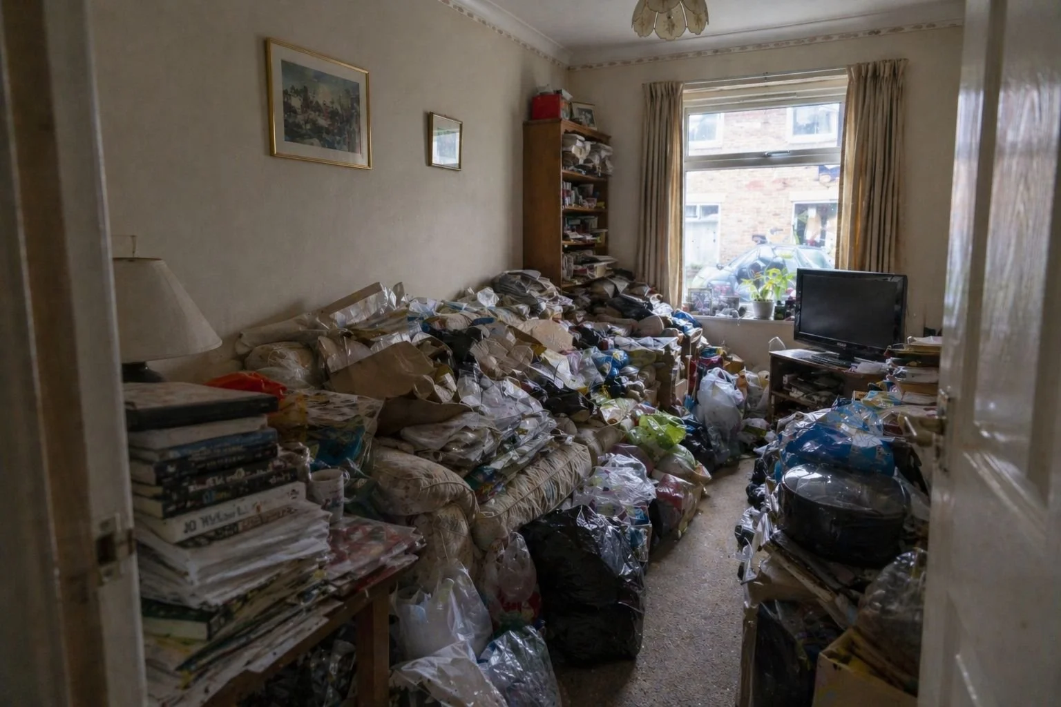 Moderate to heavy hoarding in a British living room — CIR 4 to 5, floor space significantly reduced with bags and clutter