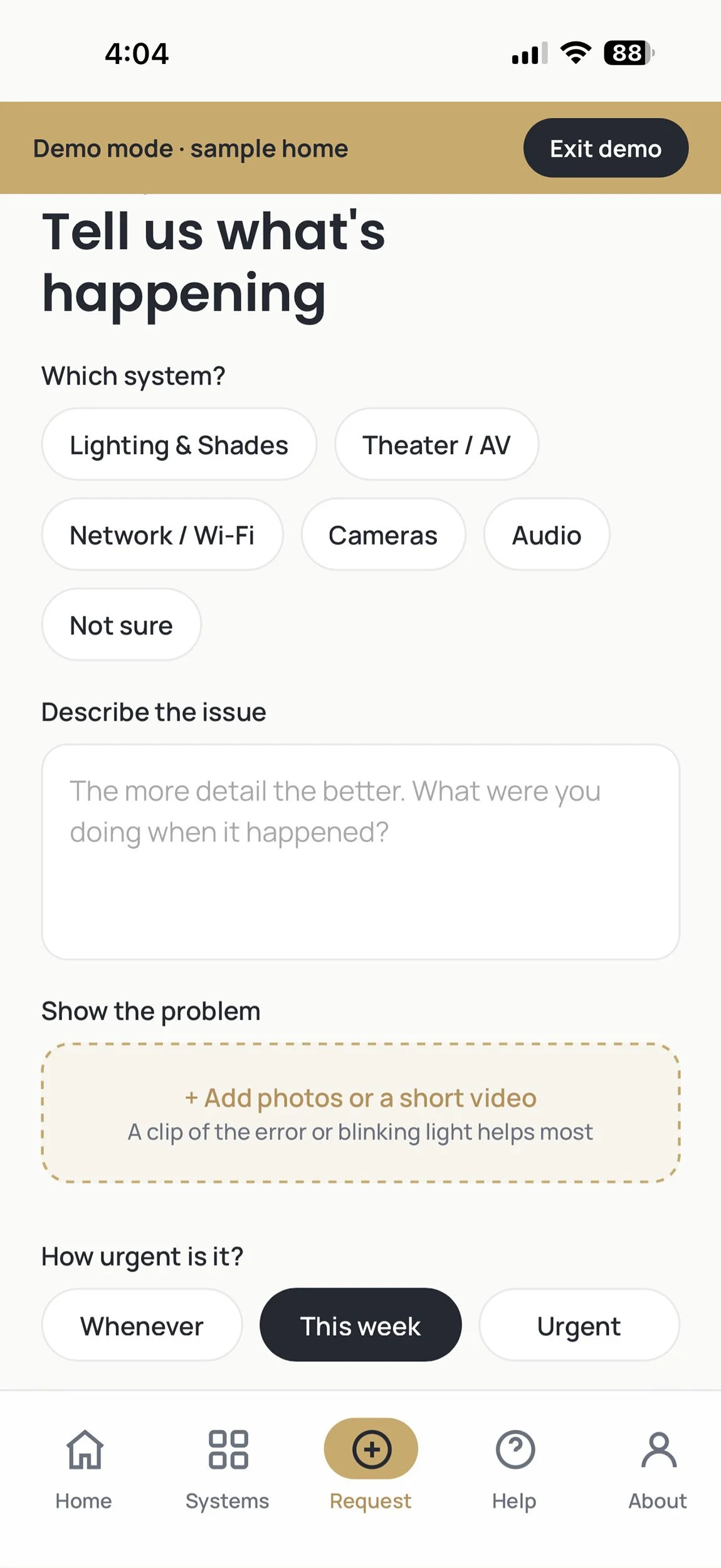 VIP Smart Homes client app request screen for reporting a problem with photos or video