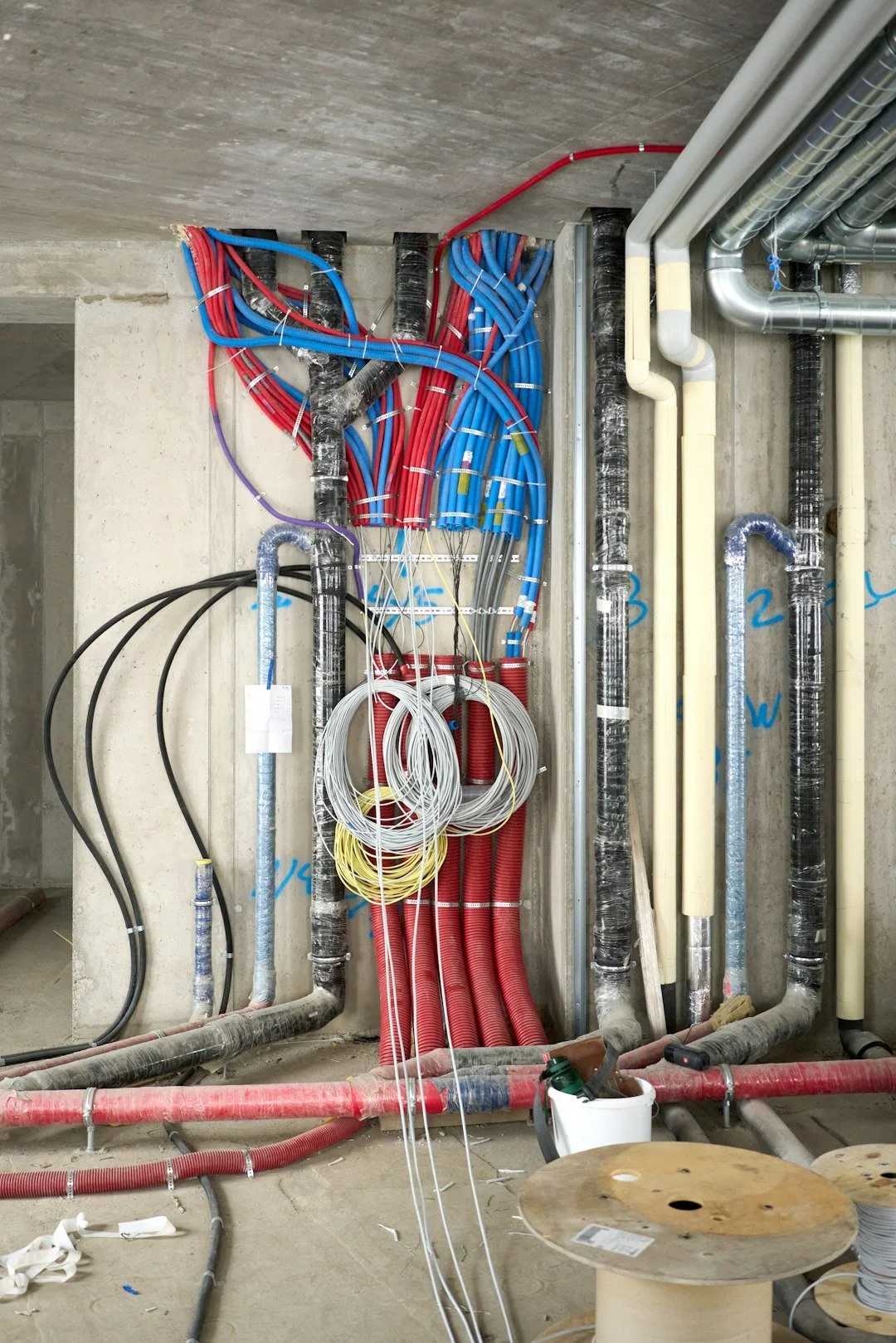 Low voltage cable rough run through an unfinished basement during construction | VIP Smart Homes