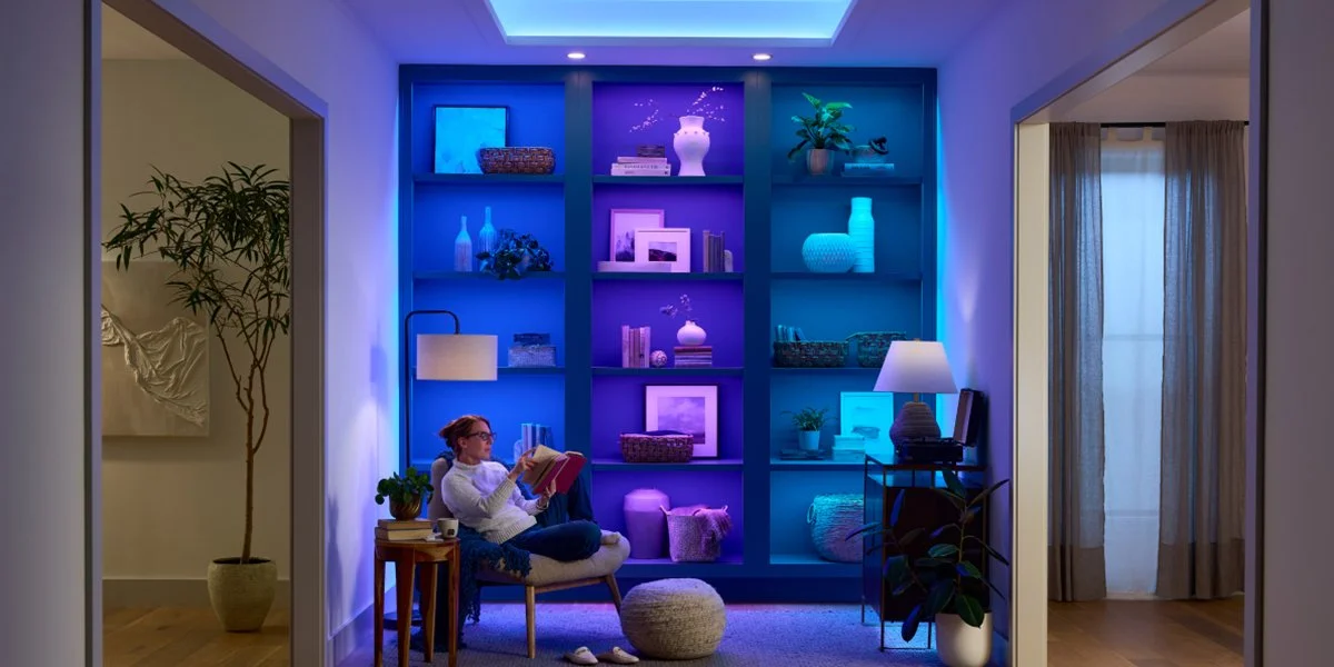 Lutron Lumaris RGB tape lighting showing full color range in luxury smart home installation | VIP Smart Homes Seattle