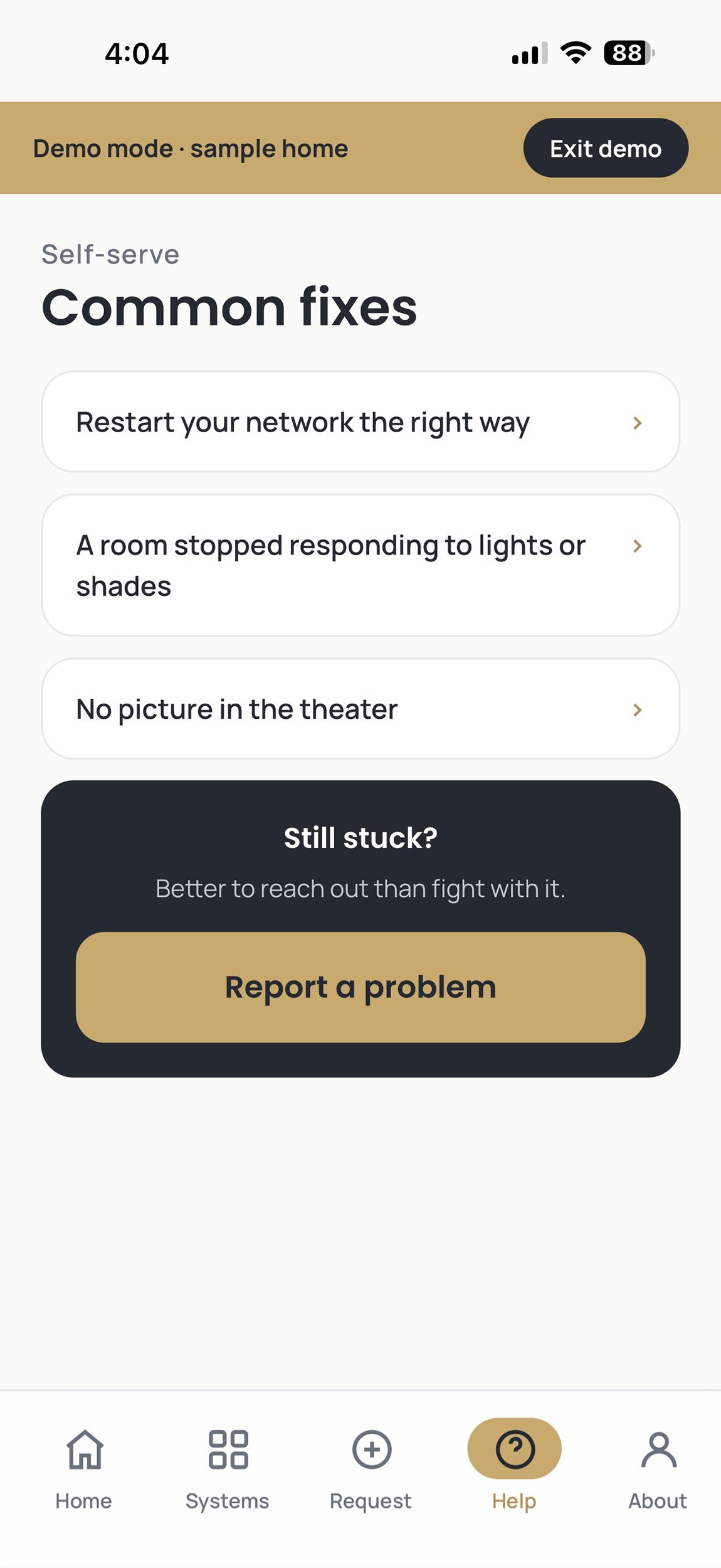 VIP Smart Homes client app help screen with common fixes and simple steps