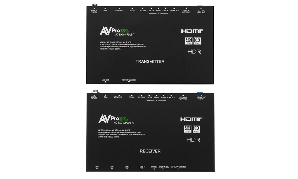 AVPro Edge AC-EXO-X-PLUS 8K HDMI 2.1 fiber optic extender for 48 Gbps signal distribution over OM4 multimode fiber up to 300 meters