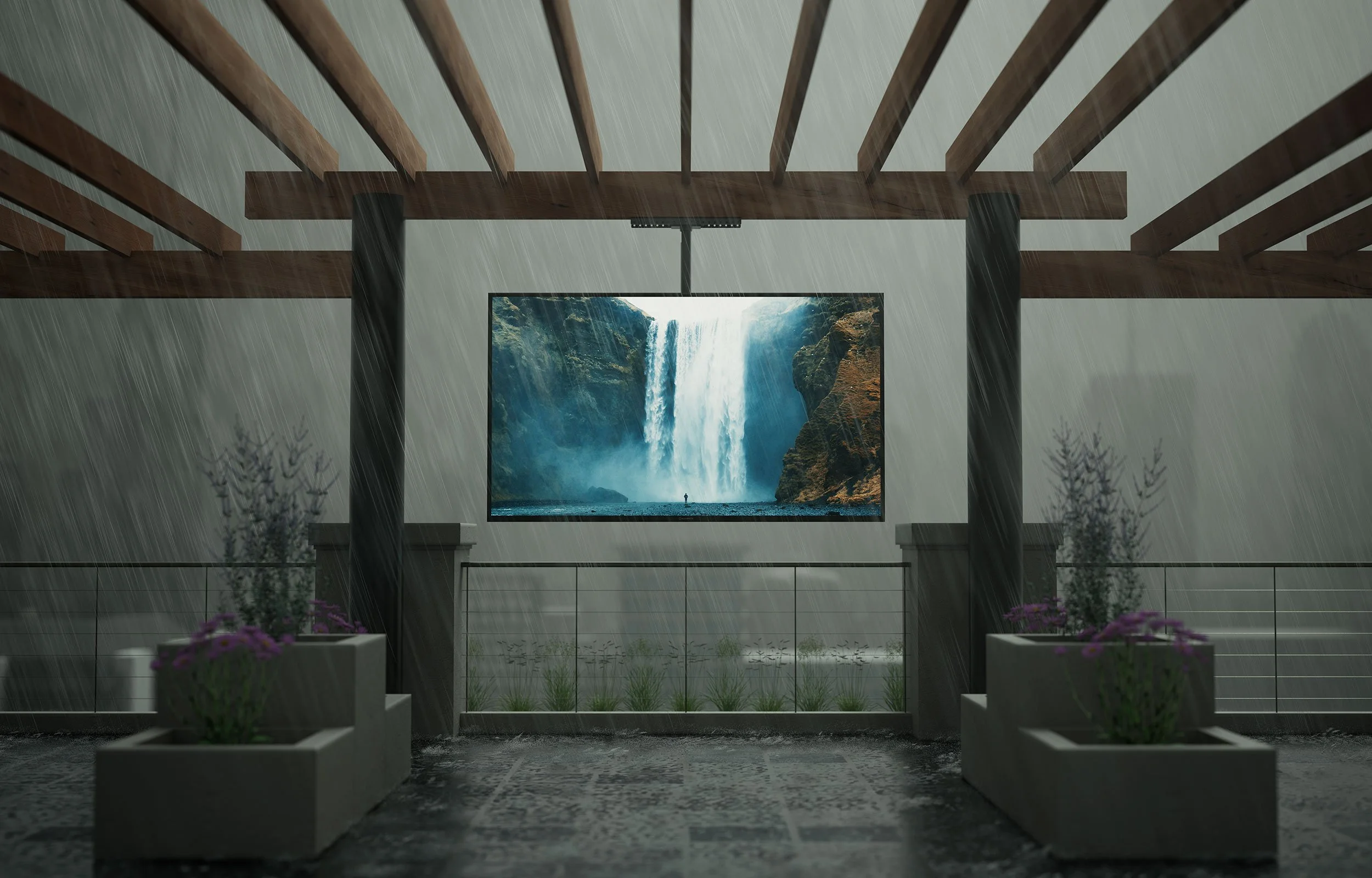 SunBrite Pro Series full sun outdoor TV mounted under wooden pergola during heavy rainfall demonstrating weatherproof IP55 construction VIP Smart Homes Seattle