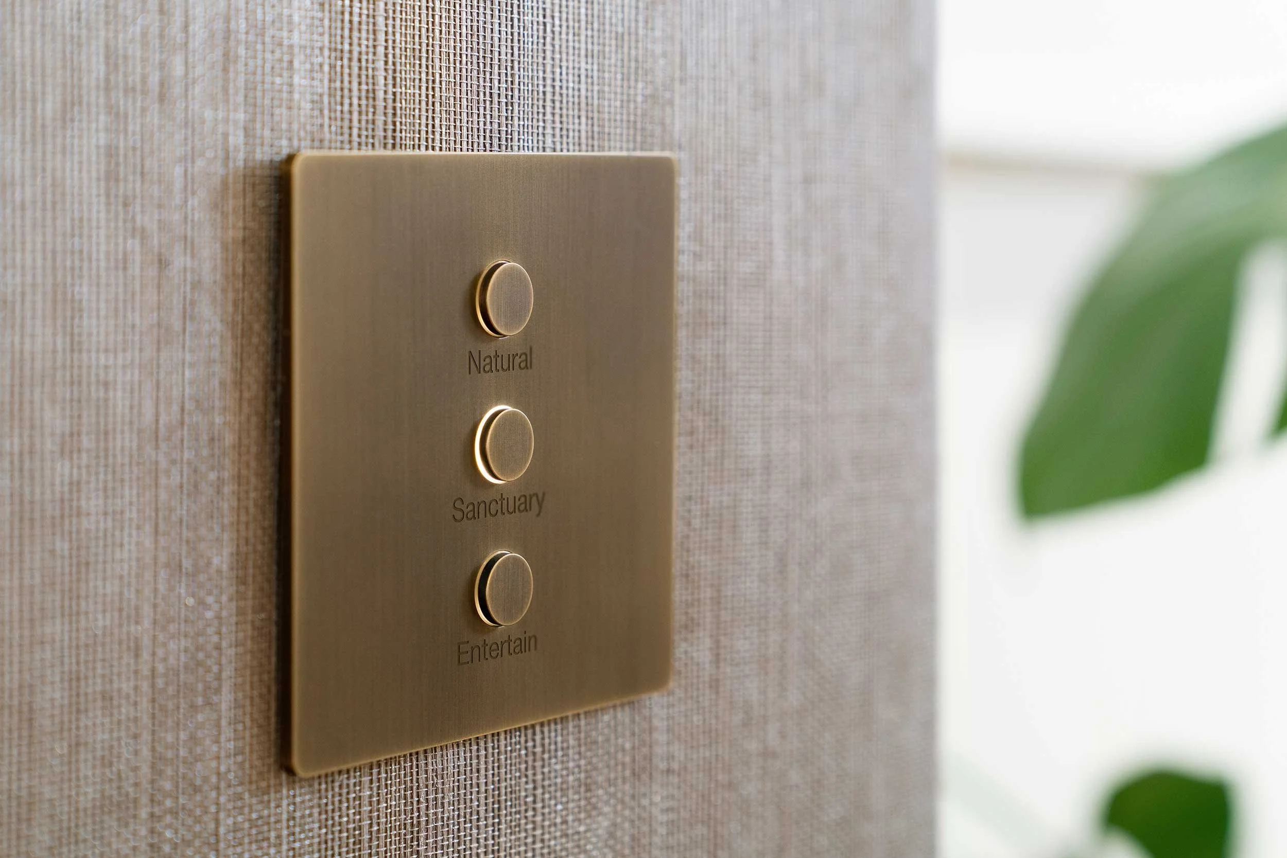 Lutron Alisse keypad in brushed brass with Natural Sanctuary and Entertain scene buttons installed in luxury new construction home